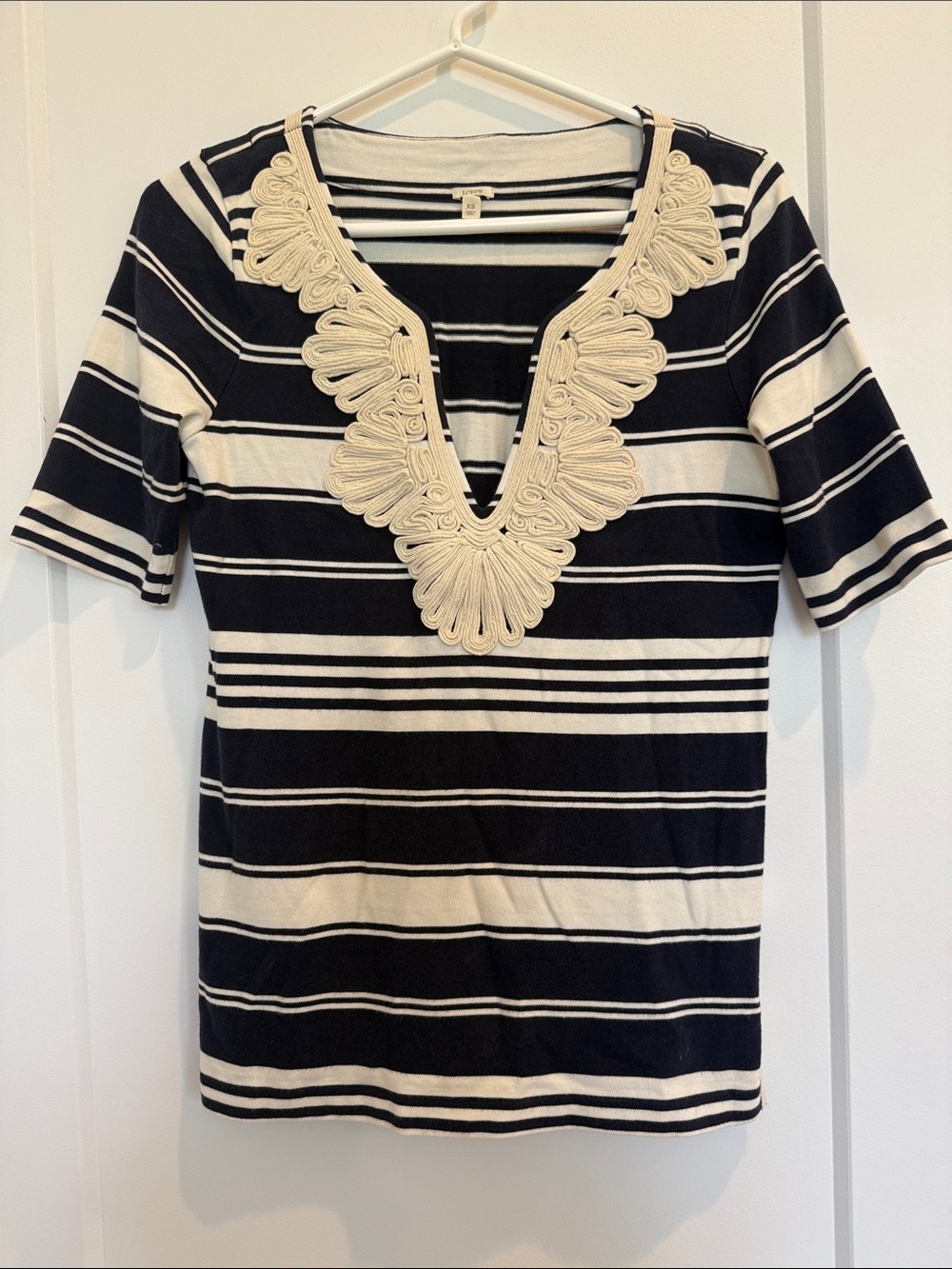 Striped Navy and Cream Embroidered V-Neck Women's Top